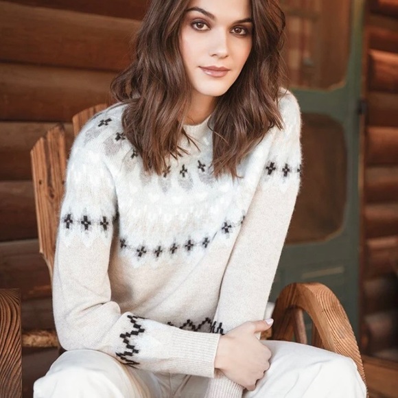 27 Miles Malibu Farida Sweater Fair Isle Cashmere Wool Oatmeal Neutral Crew Neck - Picture 3 of 11